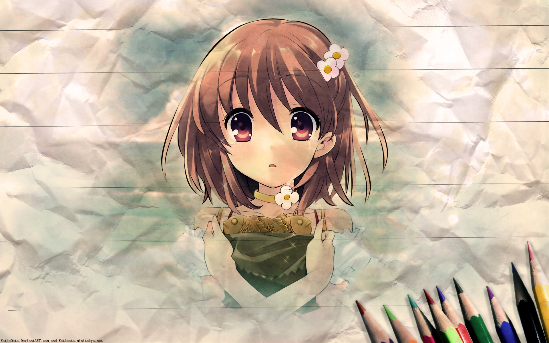 Картинки Itou noiji, летающее сердце, inaba yui, девушка, брюнетка, цветы, карандаши фото и обои на рабочий стол