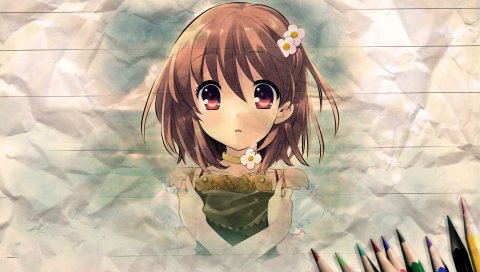 Itou noiji, летающее сердце, inaba yui, девушка, брюнетка, цветы, карандаши