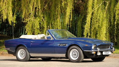 Aston martin, v8, volante, 1977, синий, вид сбоку, авто