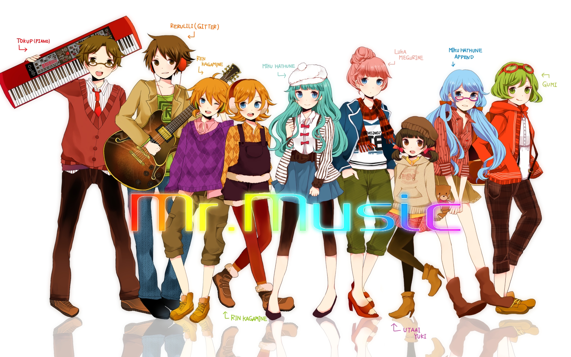 Картинки Komine, mr music, вокалоид, hatsune miku, megurine luka, kagamine rin, kagamine len, gumi, kaai yuki, толпа, поза фото и обои на рабочий стол