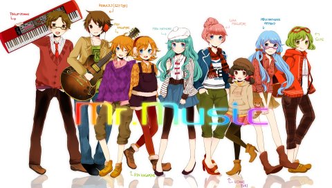 Komine, mr music, вокалоид, hatsune miku, megurine luka, kagamine rin, kagamine len, gumi, kaai yuki, толпа, поза