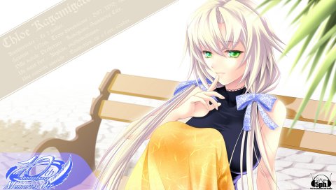 Aizawa kotarou, kagamigawa chloe, девушка, блондин, палец, жест, скамейка