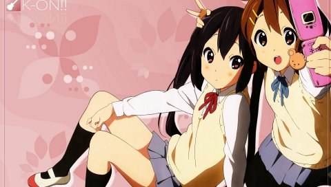 K-on, hirasawa yui, nakano azusa, девушка, телефон, поза
