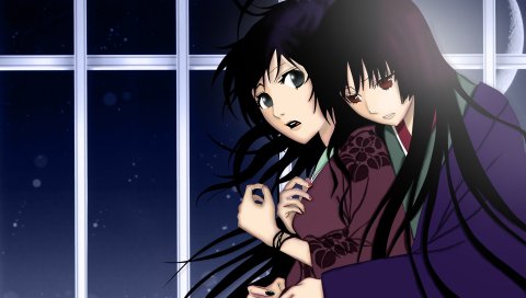 Ga-rei zero, isayama yomi, tsuchimiya kagura, девушки, брюнетки, объятие, окно, луна