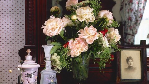 Пионы, цветы, букет, ваза, рама, гребень, редкость, древность