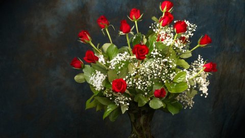 Розы, цветы, букет, гипсофила, ваза