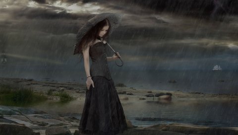 Девушка, зонтик, дождь, печаль, море, облака