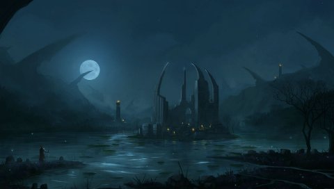 Замок, когти, луна, ночь, рыцари, меч