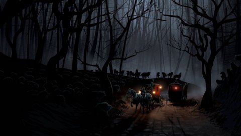 Карета, дерево, ночь, волки, полет