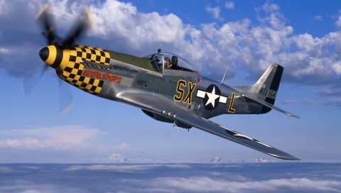 Истребитель p-51, мустанг, небо, северная Америка, облака, пропеллер, самолет