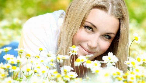 Девушка, лицо, улыбка, голубые глаза, ромашка, поле, настроение