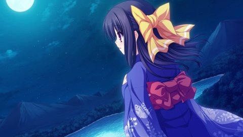 Mikagami mamizu, lunaris filia, minase yukari, девушка, кимоно, луна, ночь