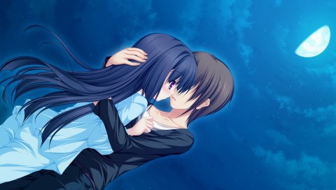 Mikagami mamizu, lunaris filia, minase yukari, девушка, ночь, пара, обниматься, луна