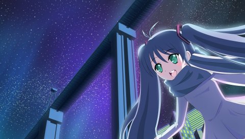 Вокалоид, hatsune miku, девушка, эмоции, ночь, звезда