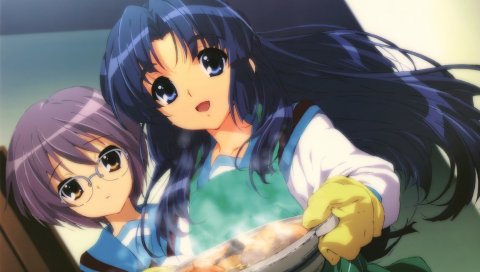 Suzumiya haruhi no yuutsu, nagato yuki, asakura ryouko, девушка, счастье, еда, пар