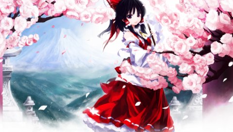Iseki, kuroshura no tabiji, touhou, hakurei reimu, девушка, брюнетка, кимоно, деревья, весна