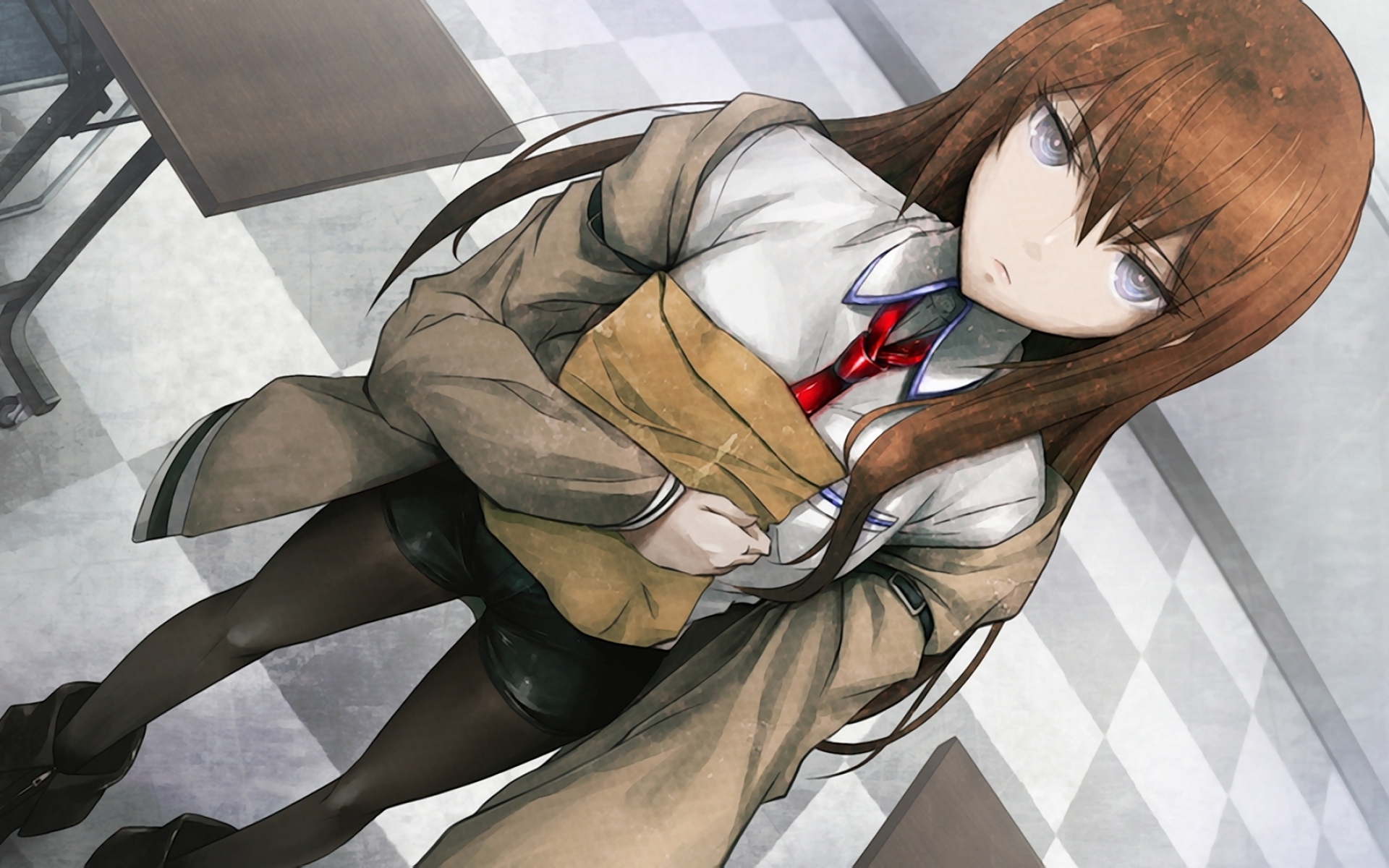 Картинки Huke, steins, makise kurisu, девушка, брюнетка, галстук, рубашка фото и обои на рабочий стол