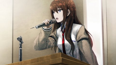 Huke, steins, gate, makise kurisu, девушка, микрофон, подставка