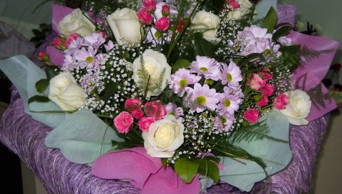 Розы, гвоздики, гипсофила, цветы, букет, украшение