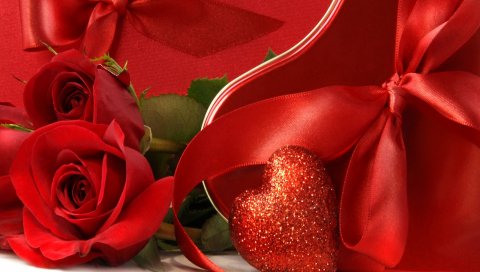Розы, цветы, красный, сердце, подарок, лента, романтика