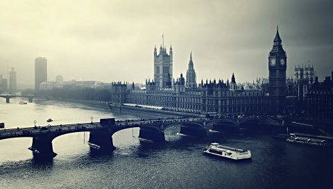 Лондон, большой бен, ночь, река, здание, вид сверху, черный белый