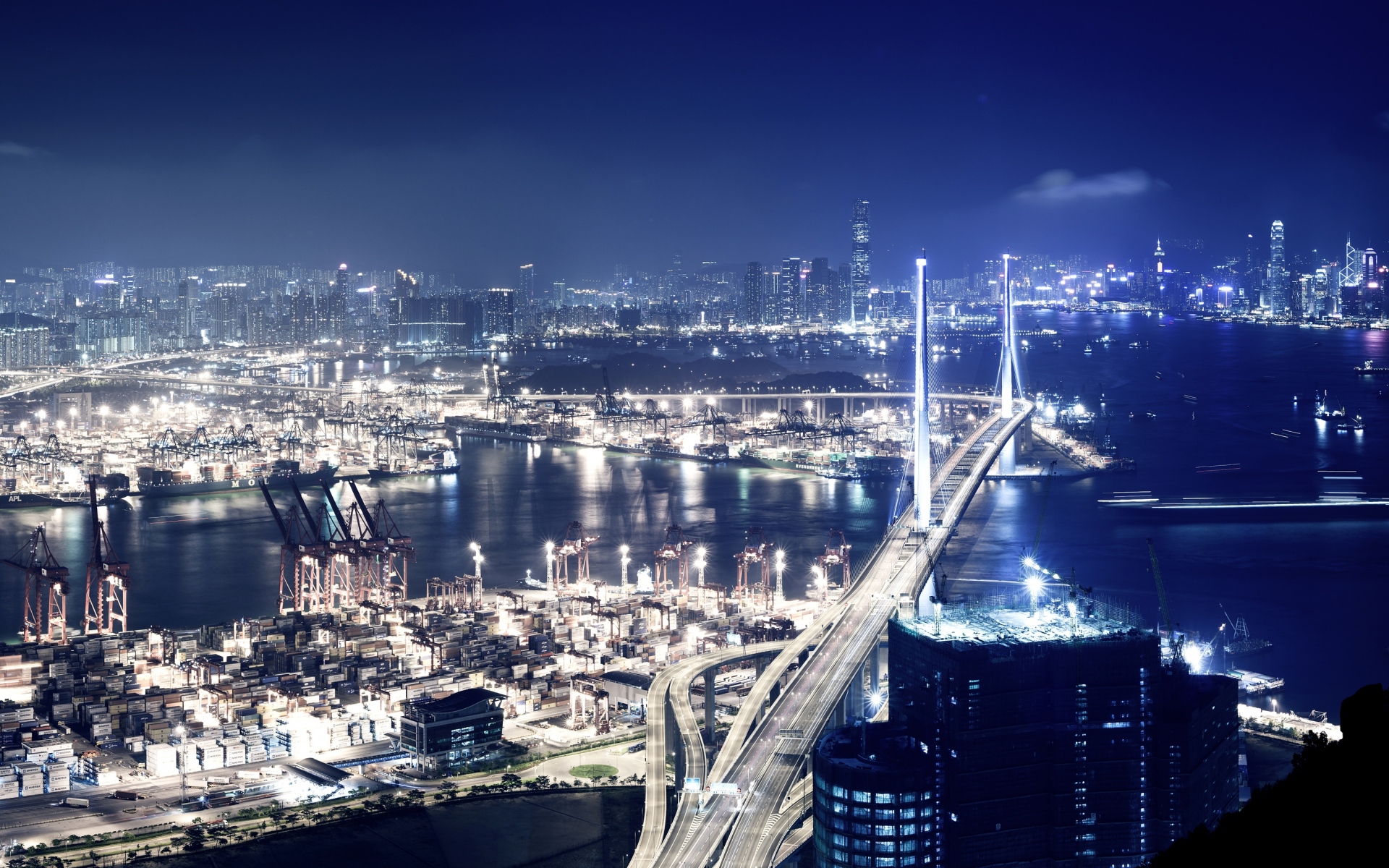 Картинки Hong kong, city, building, bridge, night, lights фото и обои на рабочий стол
