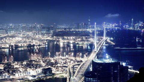 Hong kong, city, building, bridge, night, lights