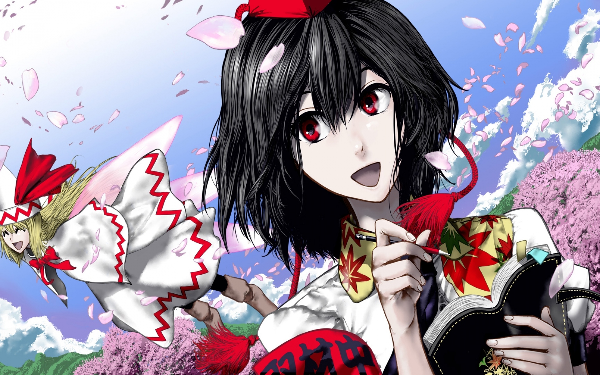 Картинки Umami, сакуикура, touhou, shameimaru aya, лилия белая, девушка, брюнетка, блокнот, карандаш фото и обои на рабочий стол