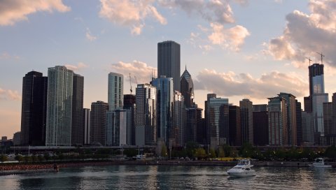 США, Грузия, Атланта, река, лодки, небоскребы, вид