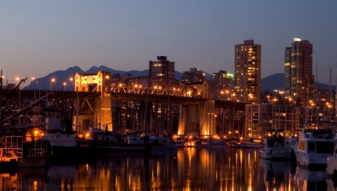 Яхта, гавань, мост, река, отражение, вечер