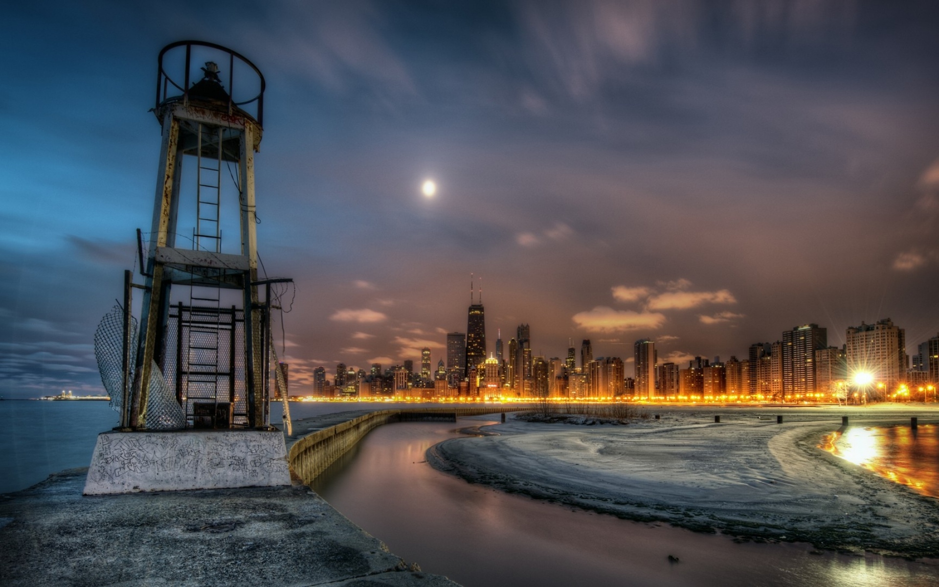 Картинки Маяк, река, ночь, здания, берег, охрана, наблюдение, hdr фото и обои на рабочий стол