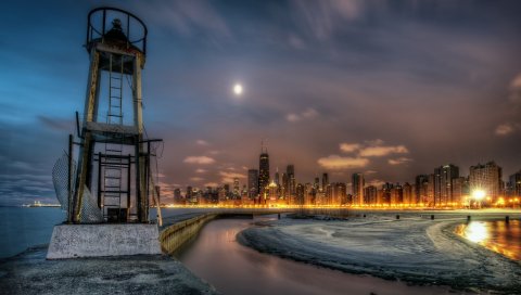 Маяк, река, ночь, здания, берег, охрана, наблюдение, hdr