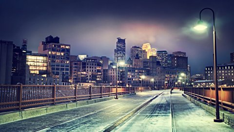 Minneapolis, usa, мост, зима, свет, вечер, hdr