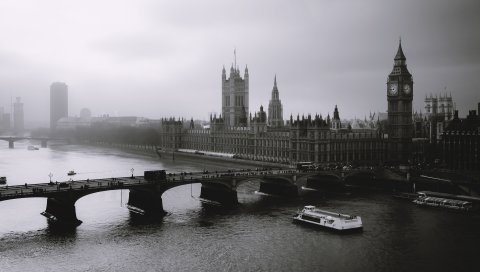 Лондон, туман, река, мост, большой бен, черный белый