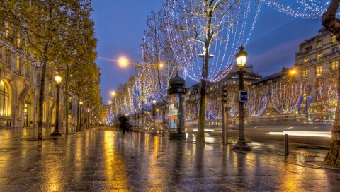 Франция, Париж, дорога, огни, улица, hdr