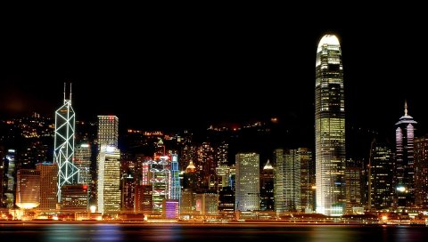 Hong kong, панорама, ночь, свет, река