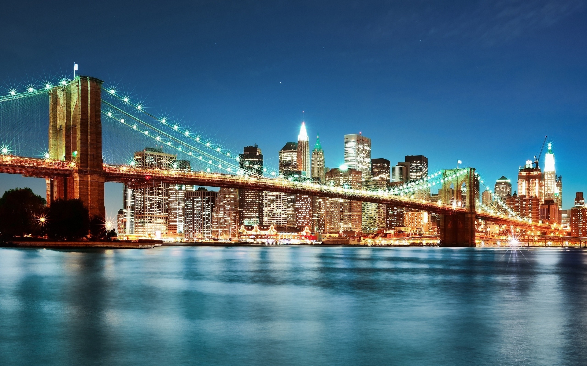 Картинки Бруклинский мост, США, Нью-Йорк, река, свет, ночь, вид фото и обои на рабочий стол