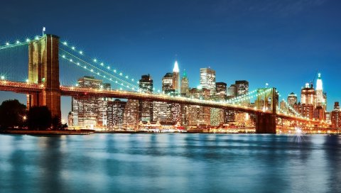 Бруклинский мост, США, Нью-Йорк, река, свет, ночь, вид