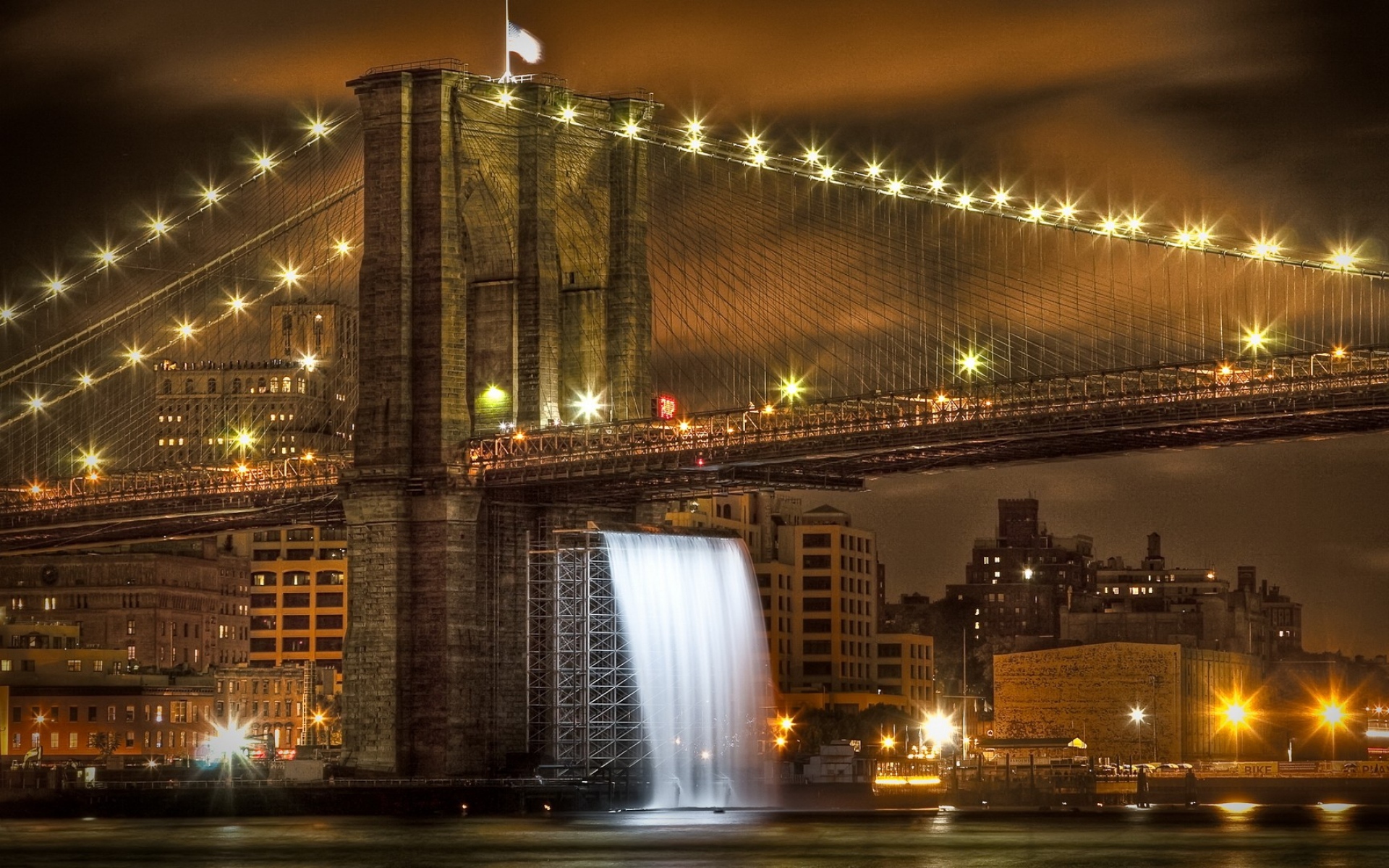 Картинки Бруклинский мост, США, Нью-Йорк, горизонт, река, hdr фото и обои на рабочий стол