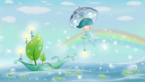 Вода, дождь, зонтик, листья, лодка, мальчик, море, небо, паруса, погода, природа, пузыри, радуга, узор, свет, облака, огни
