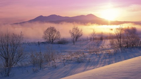Туман, горы, утро, снег