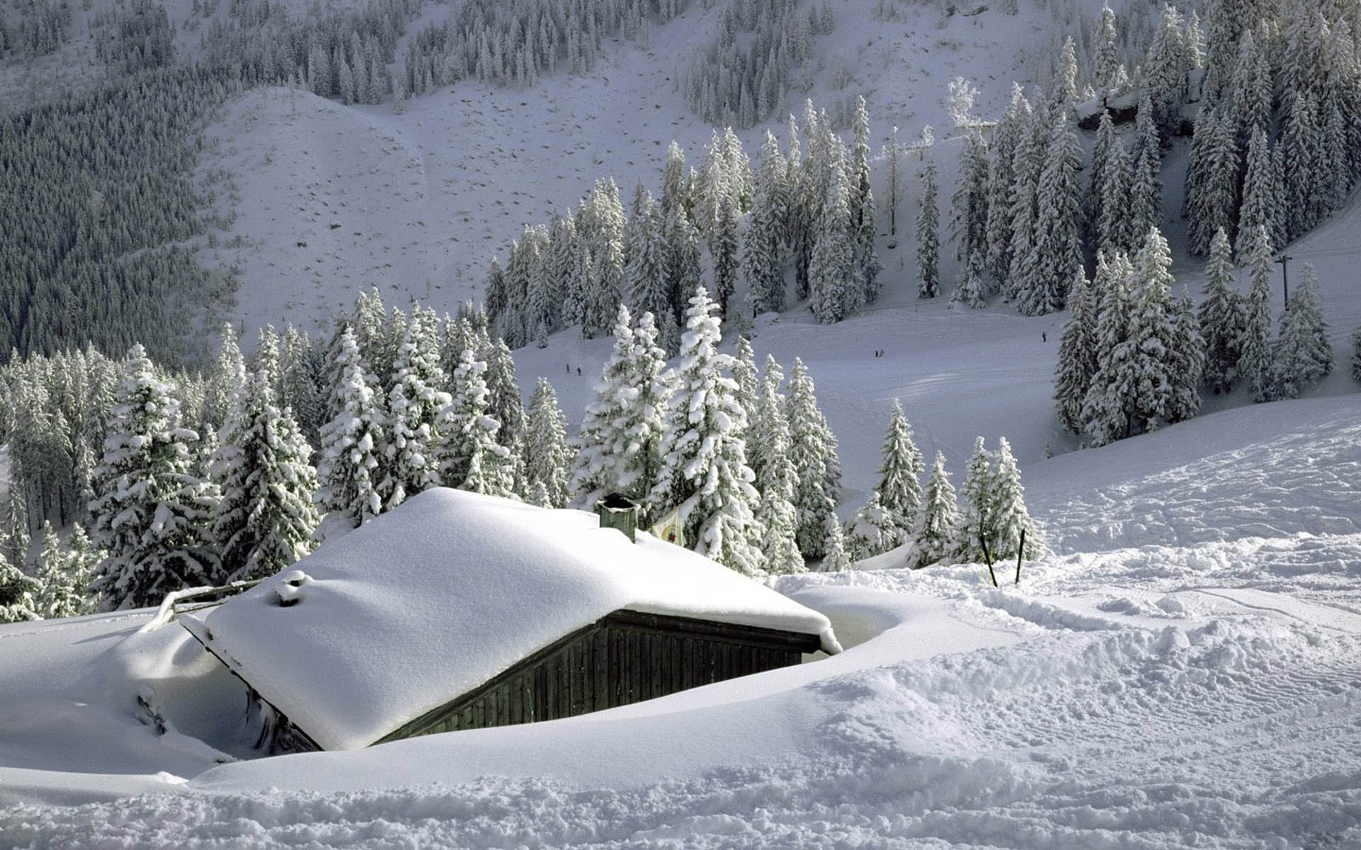 Картинки Дом, снег, сугробы, крыша, дорога, следы, деревья, горы фото и обои на рабочий стол