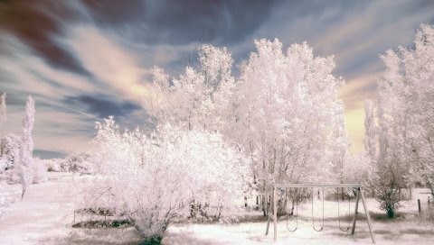 Деревья, зима, снег, небо, качели, иней