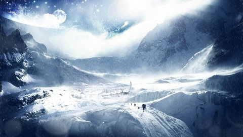 Деревья, планета, земля, небо, звезды, лыжники, исследования