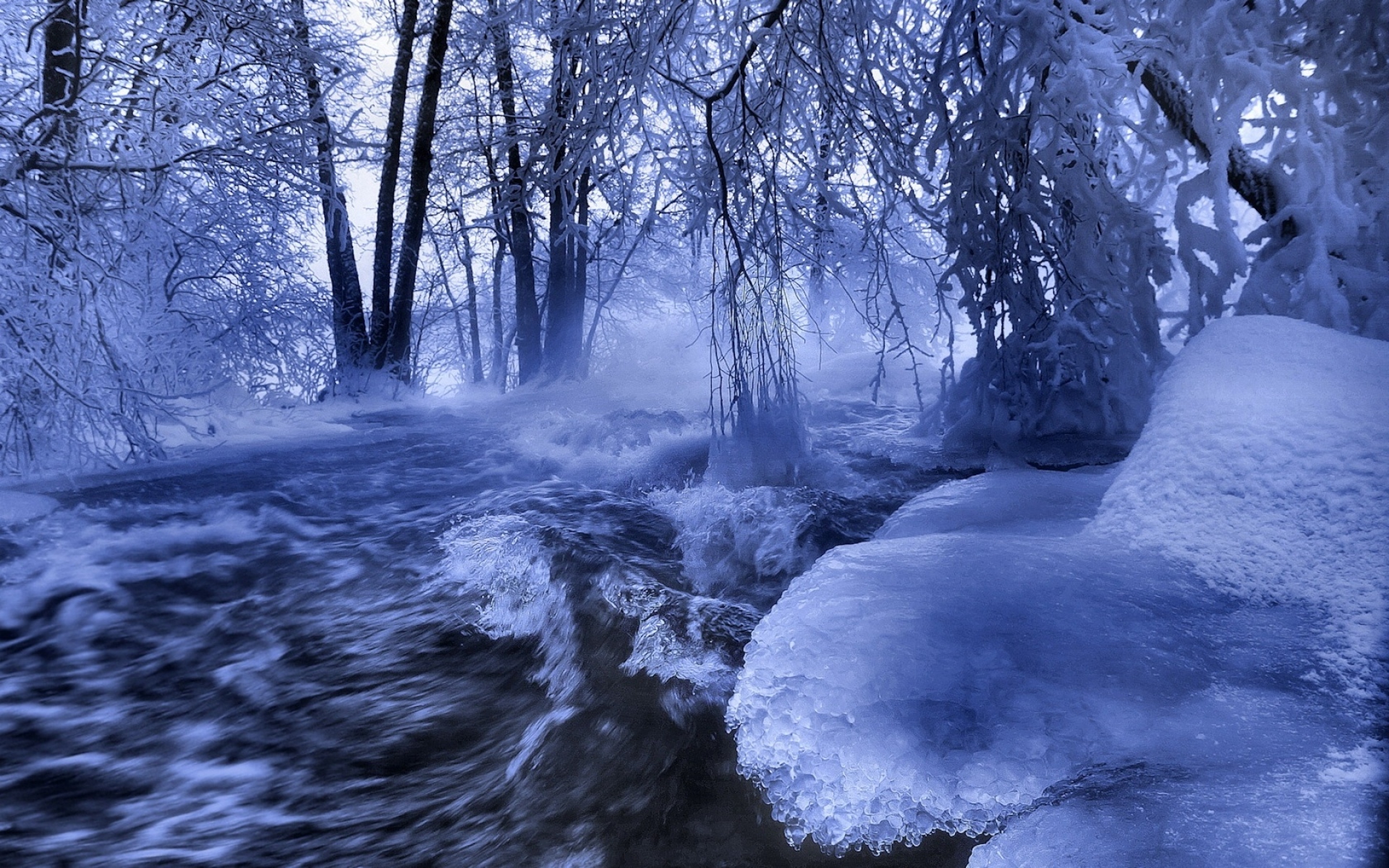 Картинки Лед, вода, ручей, река, волны, деревья, ветки, иней фото и обои на рабочий стол