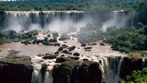 Падения, бразилия, камни, деревья, iguassu падает