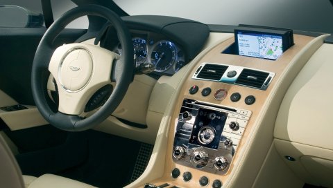 Aston martin, rapide, 2006, бежевый, салон, интерьер, концепт-кар, рулевое колесо, спидометр