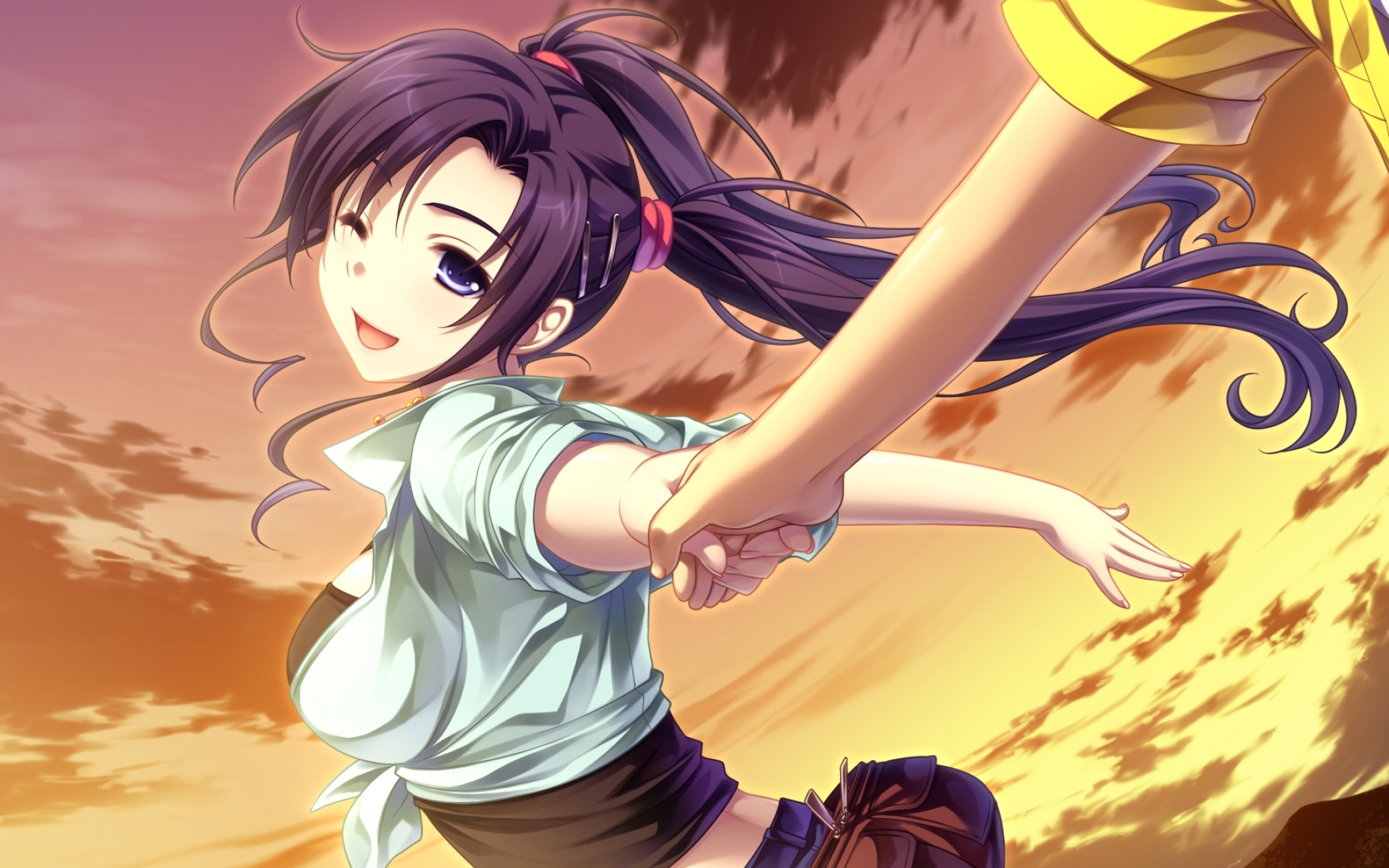 Картинки Saeki hokuto, sora no mukou de sakimasu you ni, renjou yae, девушка, улыбка, закат фото и обои на рабочий стол