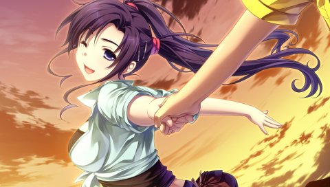 Saeki hokuto, sora no mukou de sakimasu you ni, renjou yae, девушка, улыбка, закат