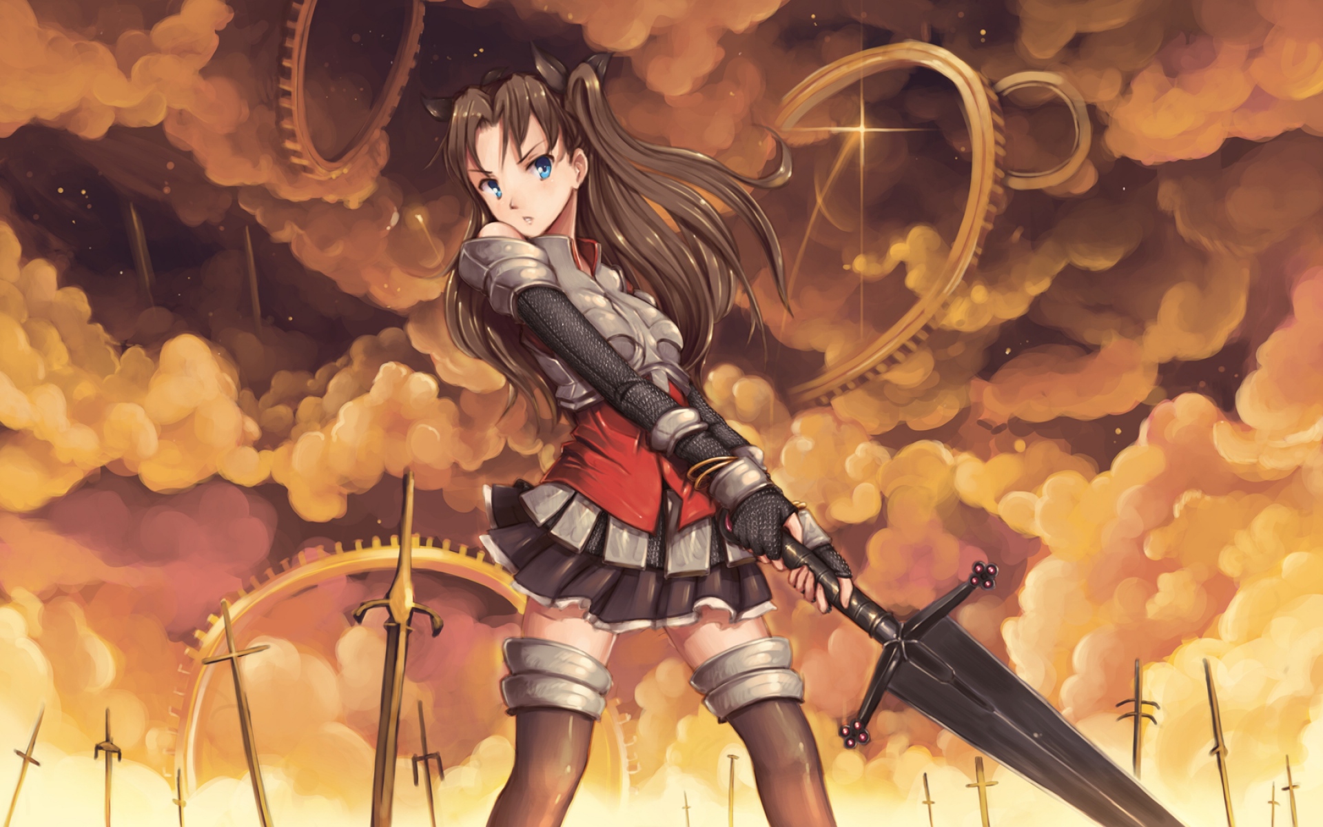 Картинки Doomfest, судьбы ночь пребывания, tohsaka rin, девушка, облако, меч, доспехи, мини-юбка фото и обои на рабочий стол